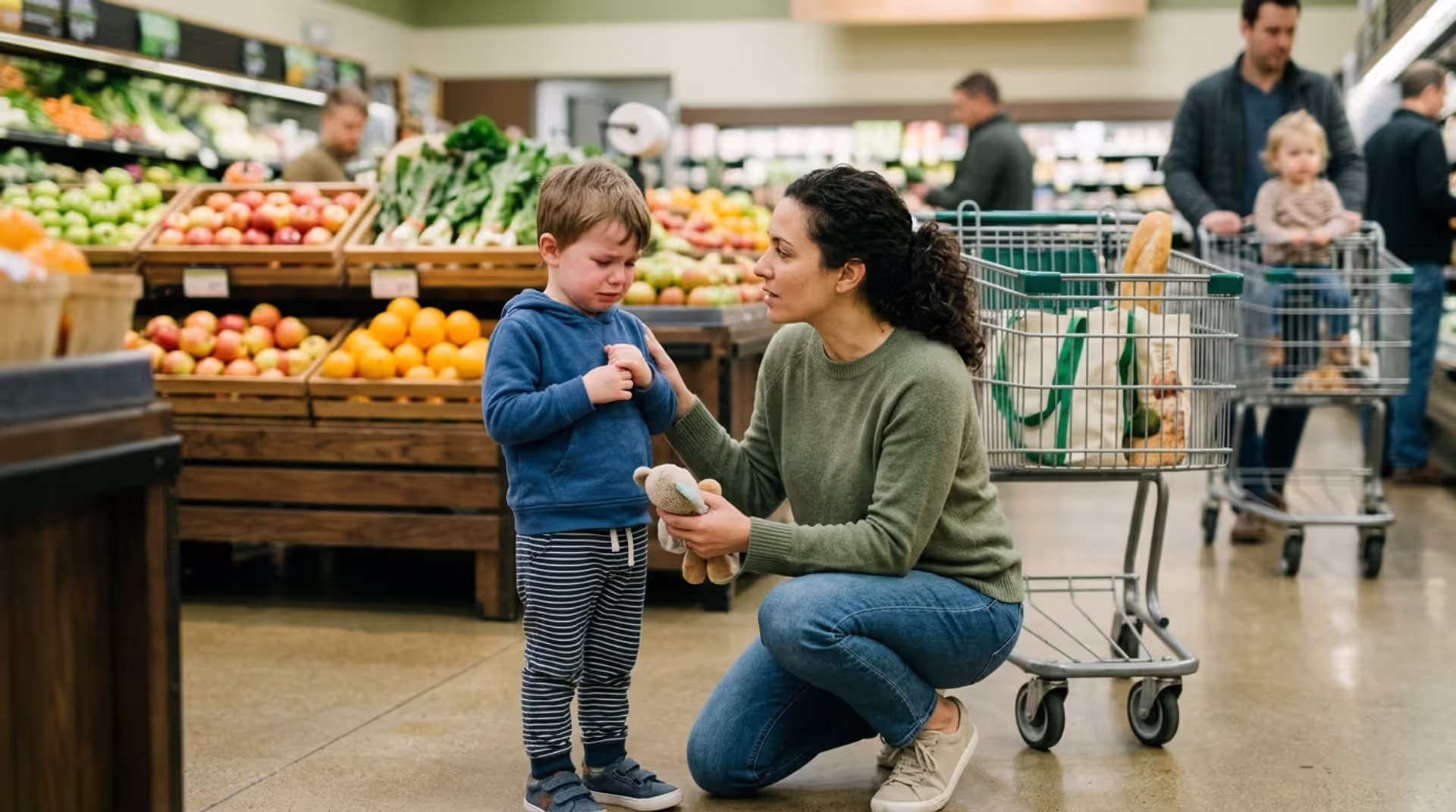 Parent comforting upset preschool child in public setting