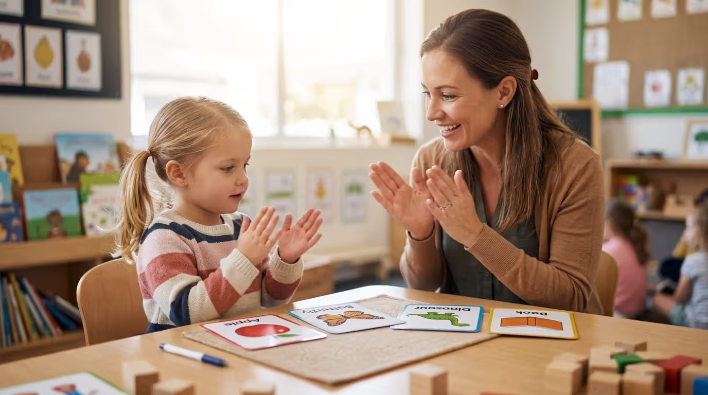 Child practicing syllable clapping activity with adult guidance