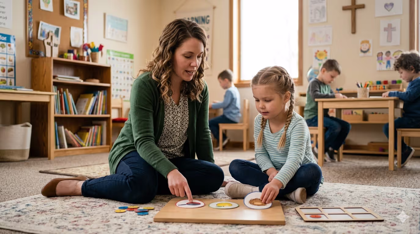 Teacher helping child blend sounds during phonological awareness lesson