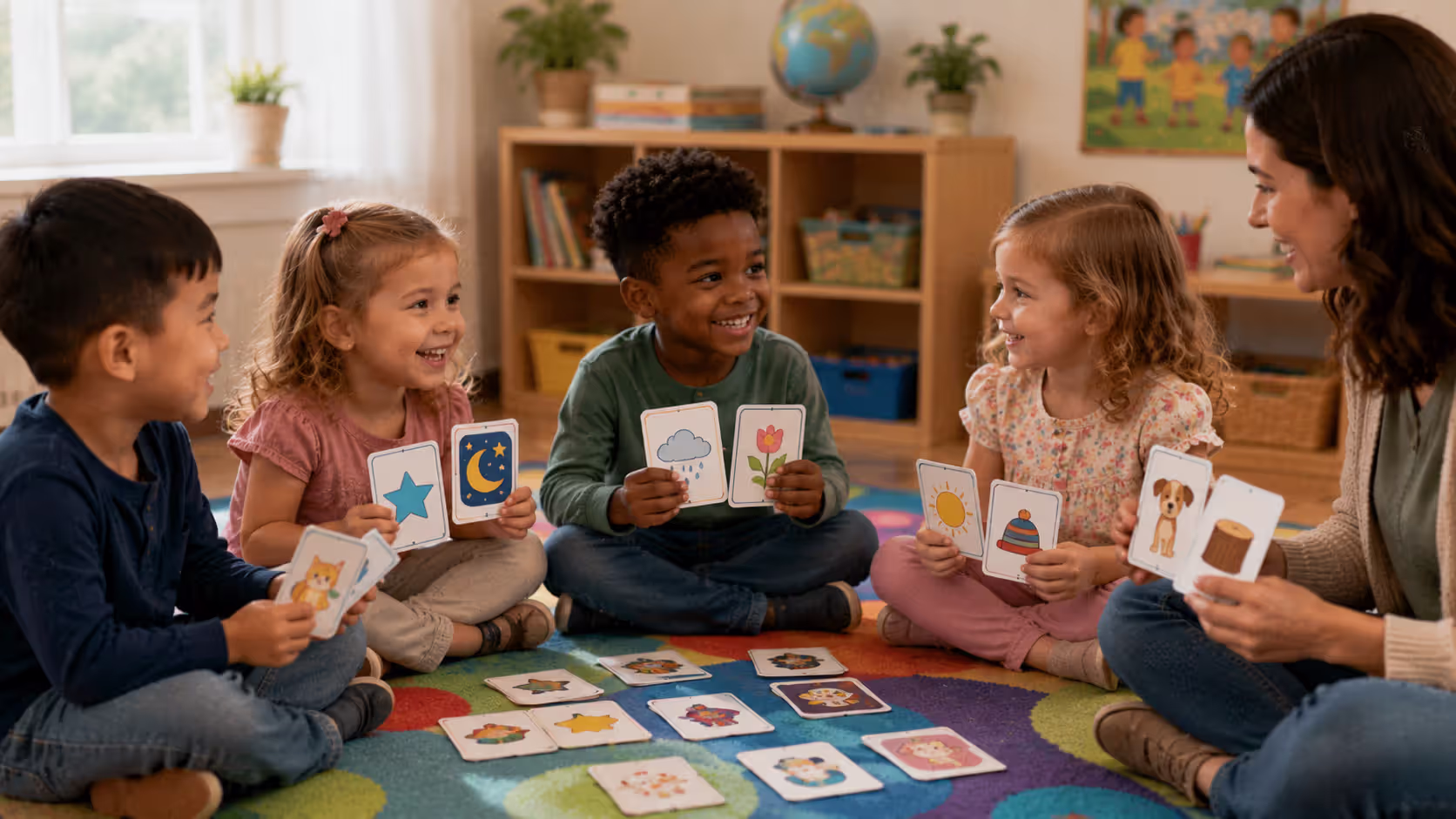 Children participating in rhyming and sound-matching game in classroom