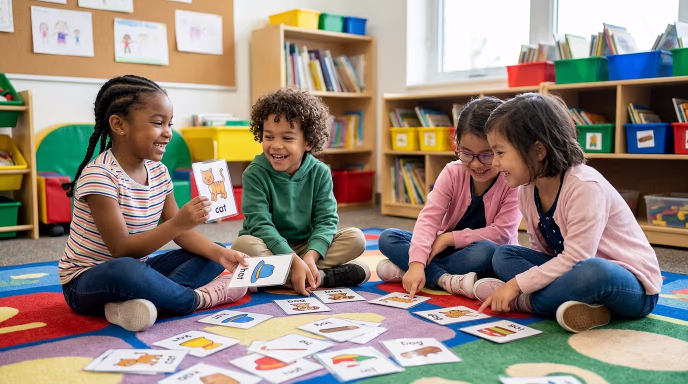 Young reader using early literacy skills while reading simple book
