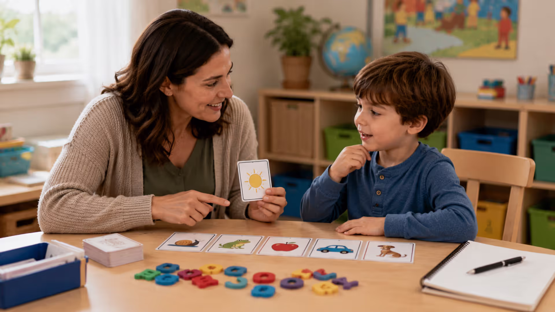 Parent helping child practice phonological awareness activities with learning cards