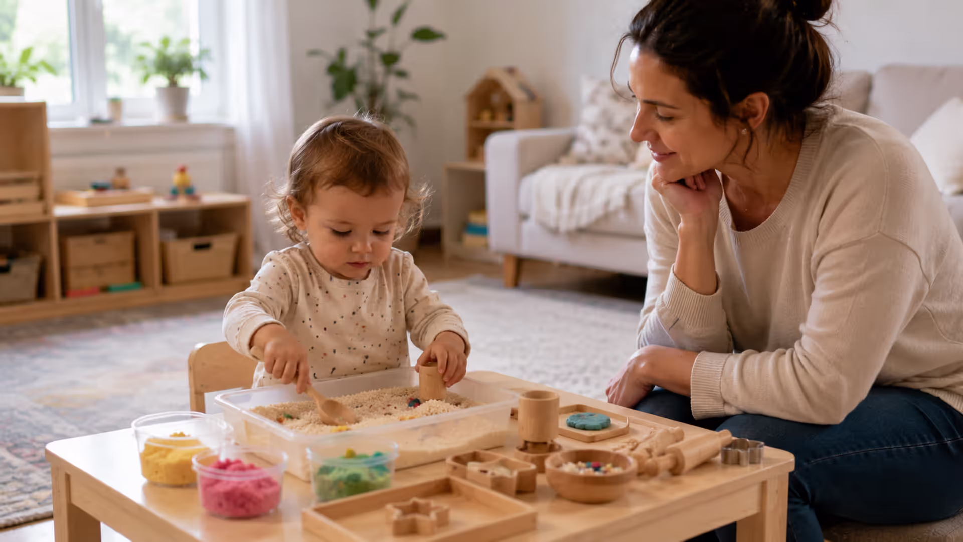 Toddler exploring sensory play materials at home