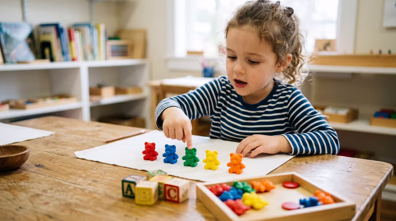 Preschool child practicing counting and one-to-one correspondence with manipulatives