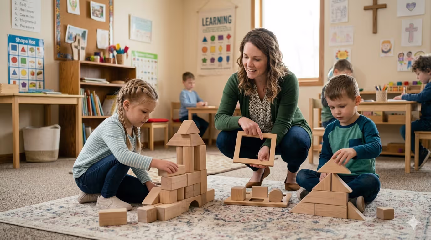 Children exploring shapes and spatial reasoning with wooden blocks