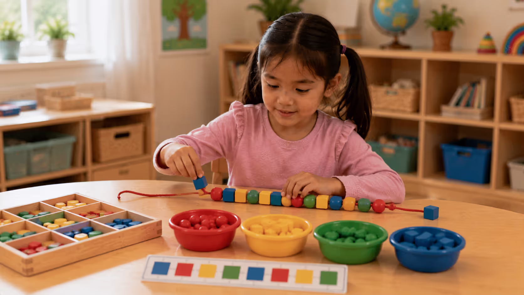Preschool child creating color and shape patterns with learning materials