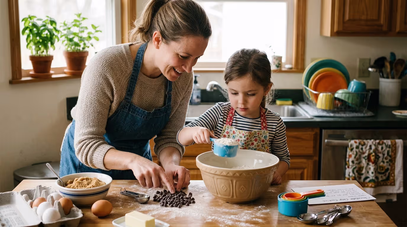 Parent and child using measuring cups during everyday math activity at home
