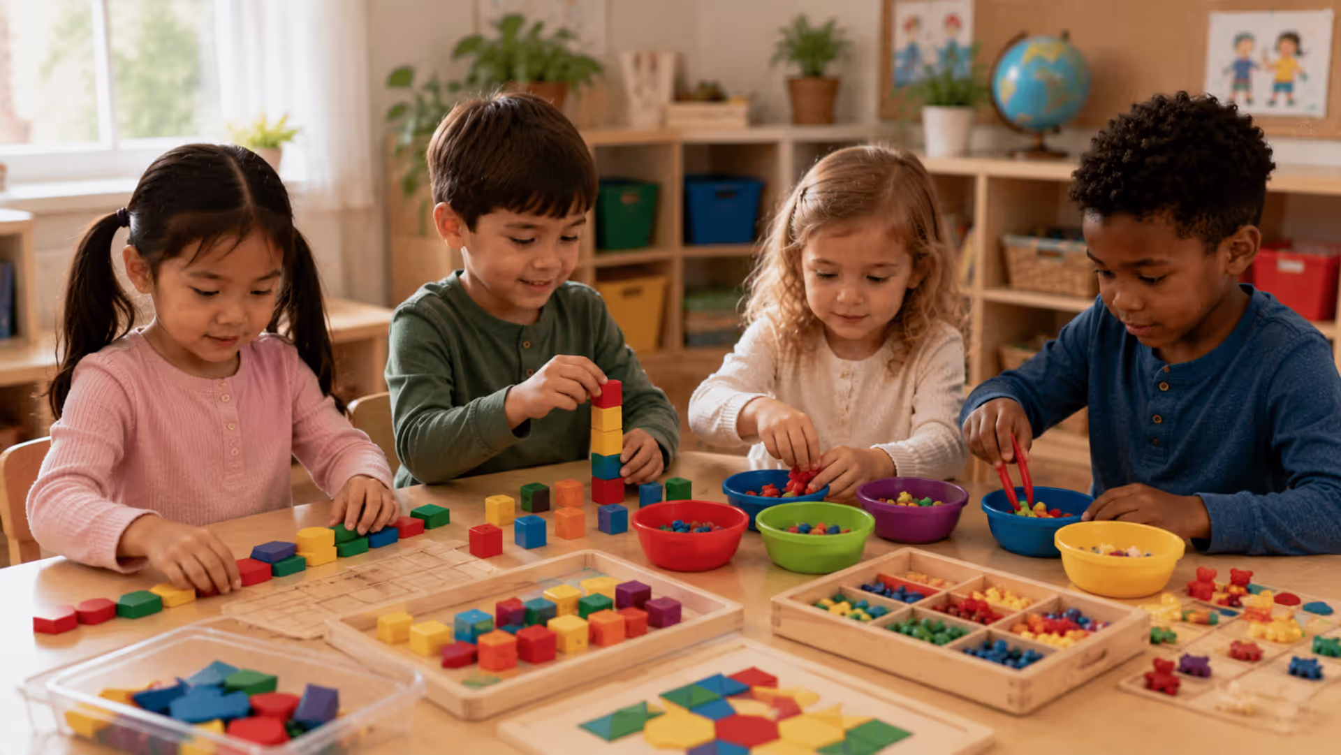 Preschool children learning early math skills with counting blocks and sorting activities