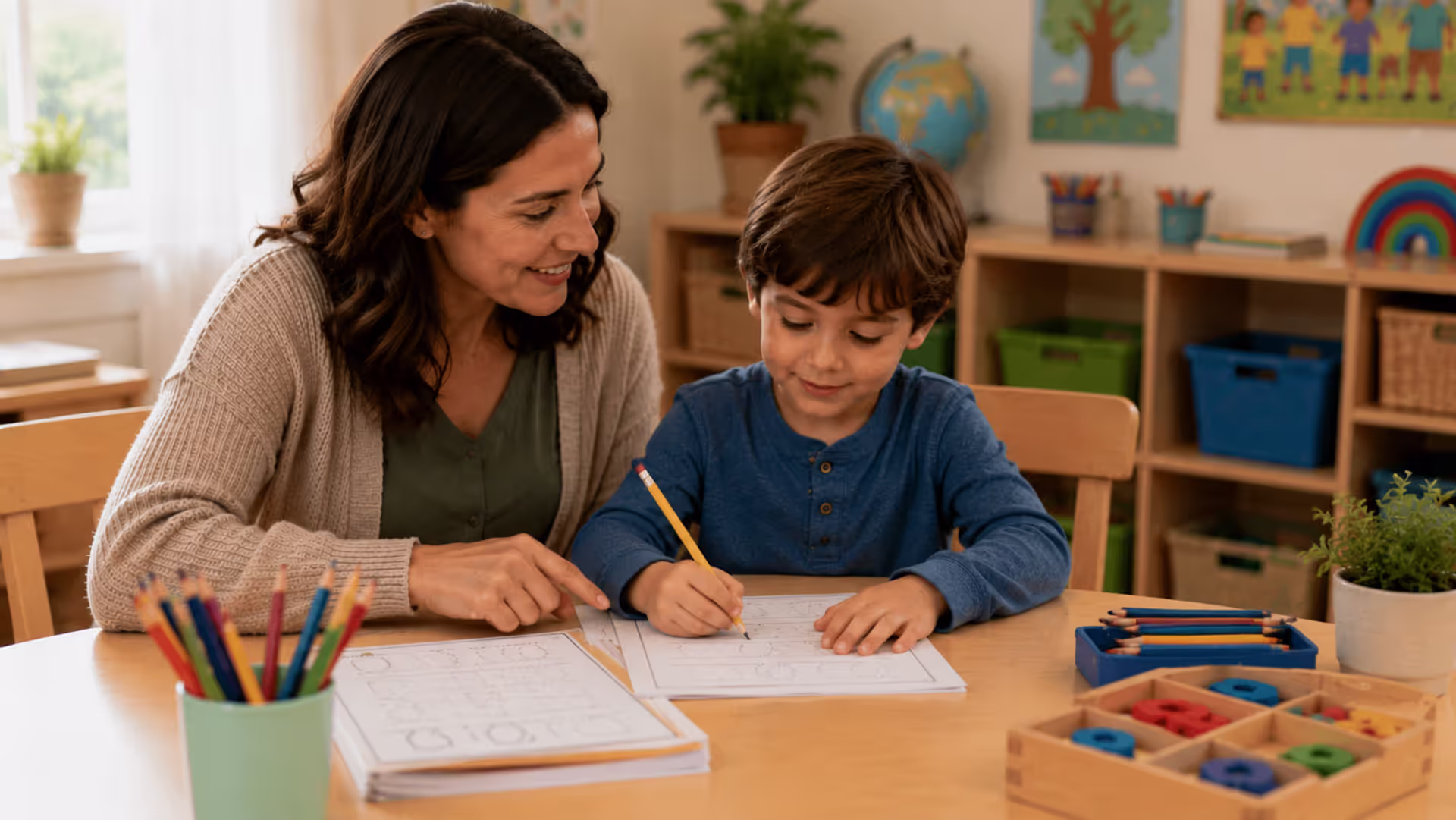 Young child practicing handwriting skills with adult guidance at table