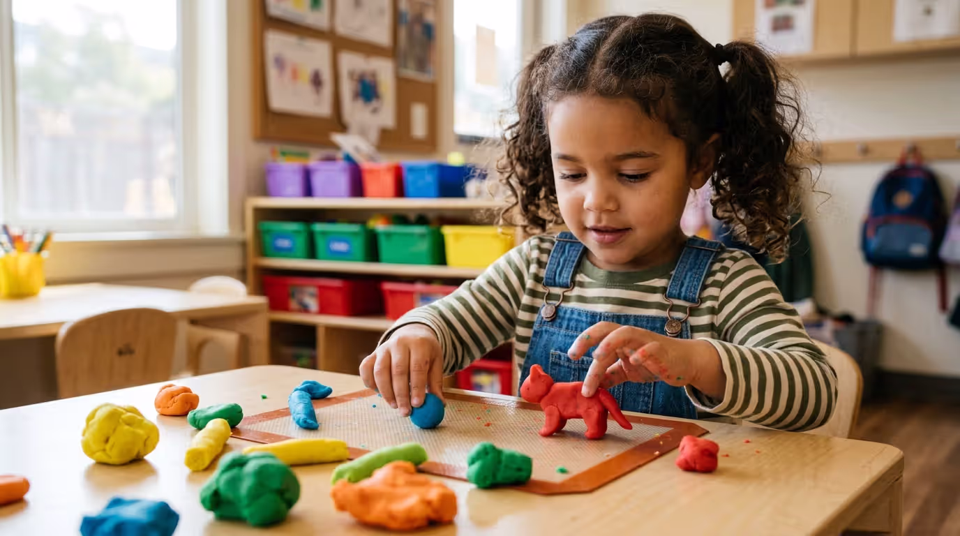 Preschool child strengthening fine motor skills with playdough activity