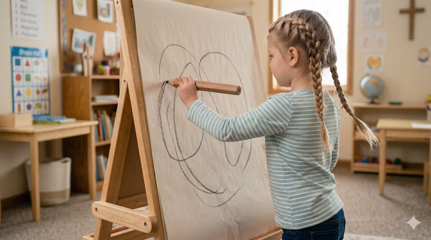 Child practicing pencil control and drawing shapes on vertical easel