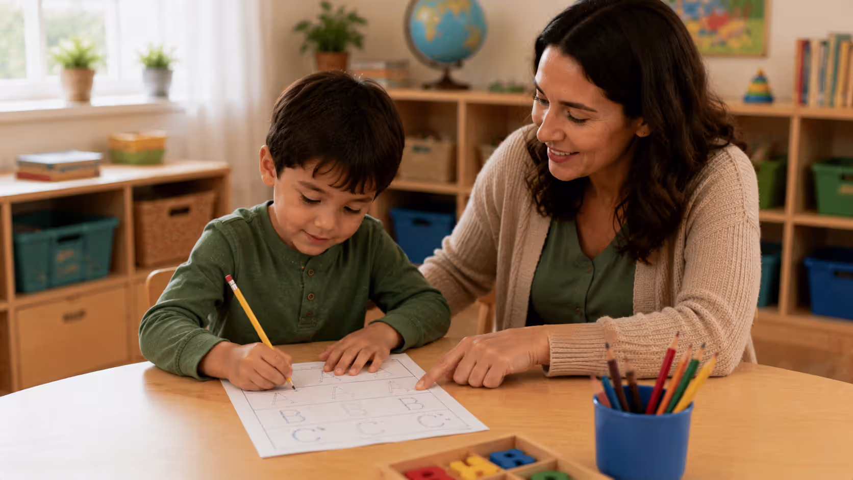Young child learning correct capital letter formation with adult support