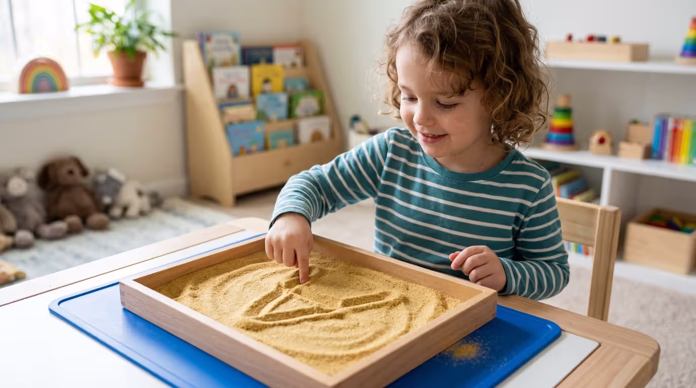 Child practicing handwriting letters using sensory writing activity