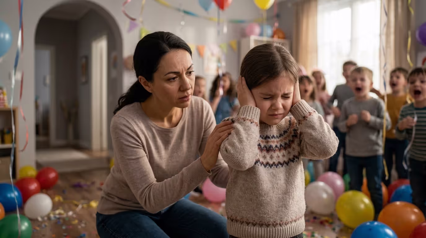 Child covering ears in a noisy indoor environment