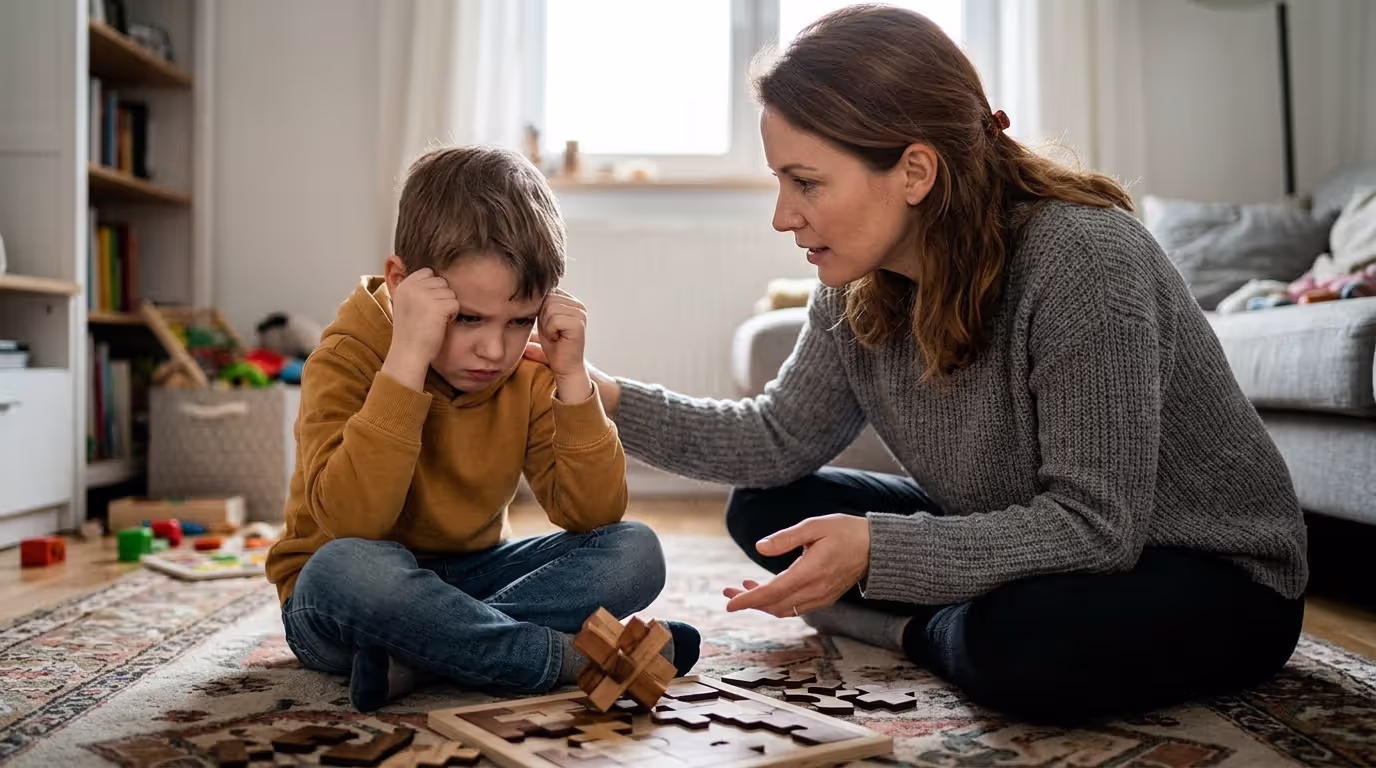 Preschool child struggling with frustration while adult offers calm support