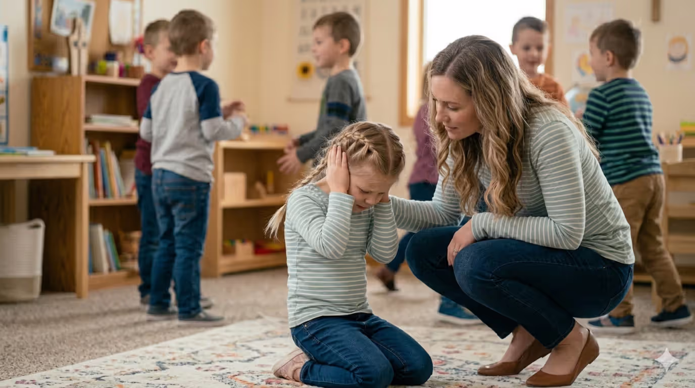 Overstimulated preschool child receiving support in noisy environment
