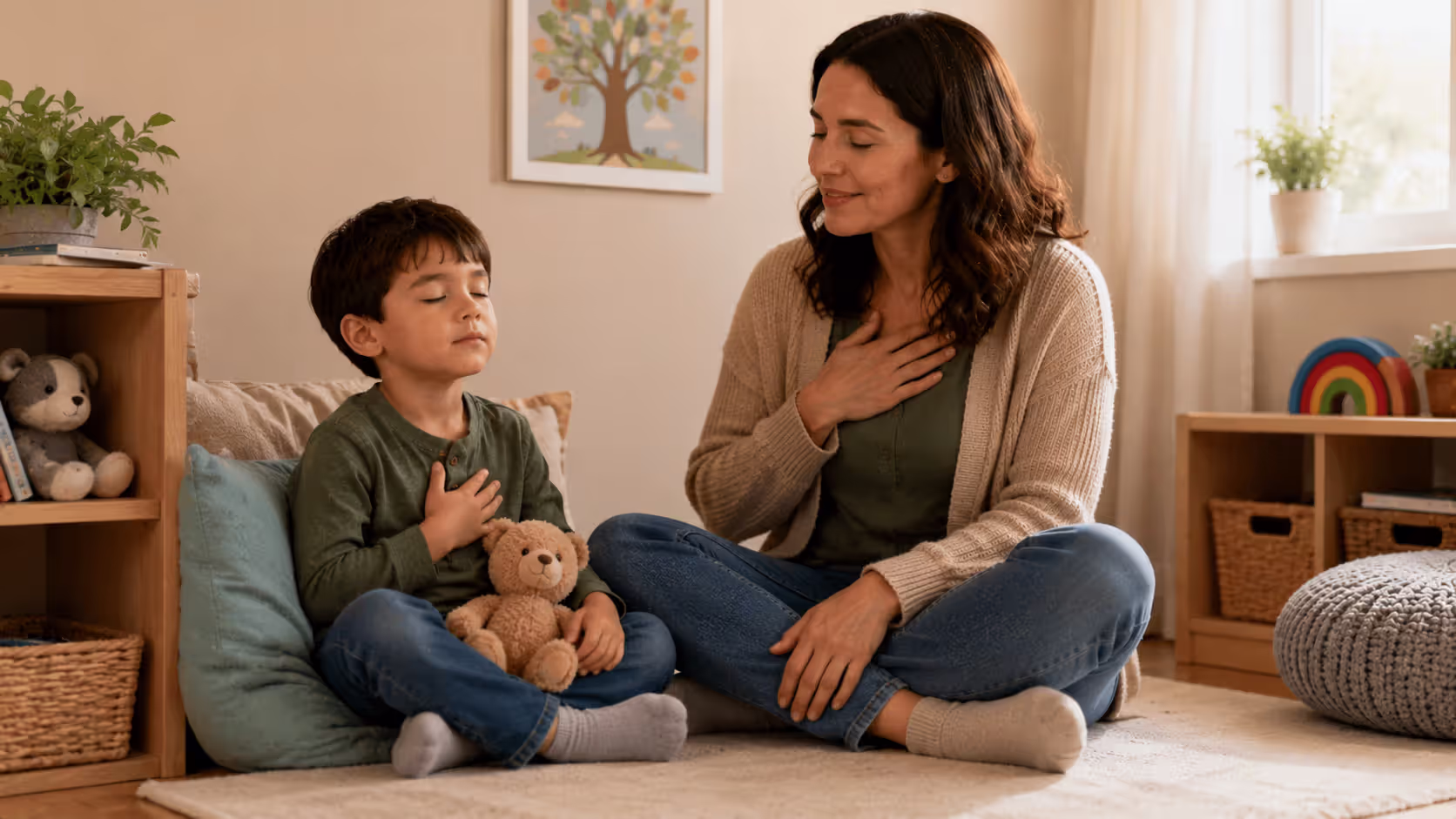Parent teaching preschool child calming and emotional regulation strategies