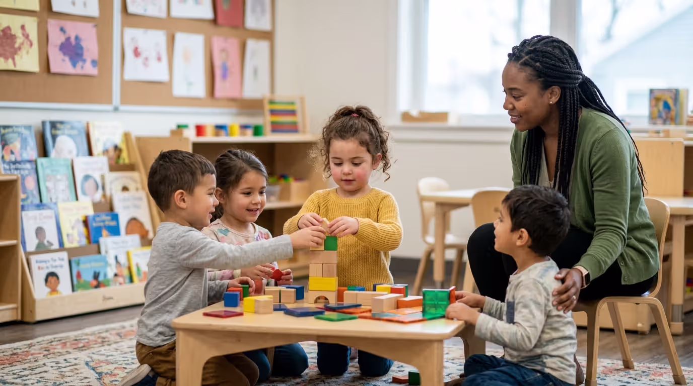 Preschool child calmly rejoining peers after emotional regulation support
