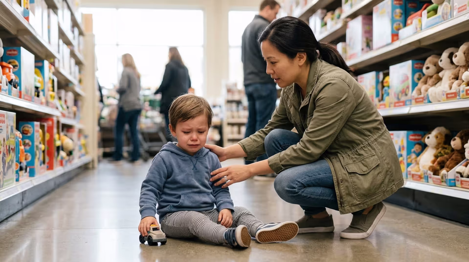 Preschool child having emotional meltdown while calm adult provides support