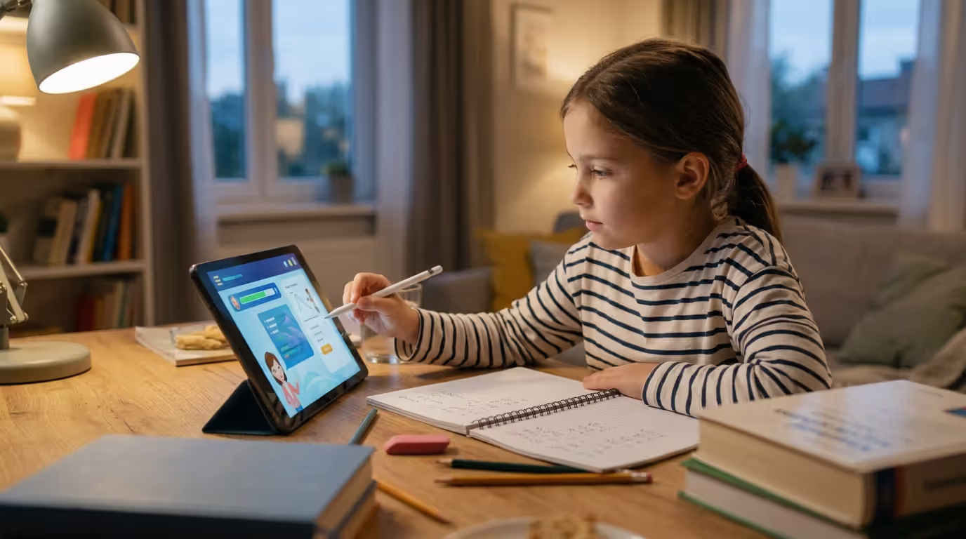 Child using AI tutoring app for evening homework support