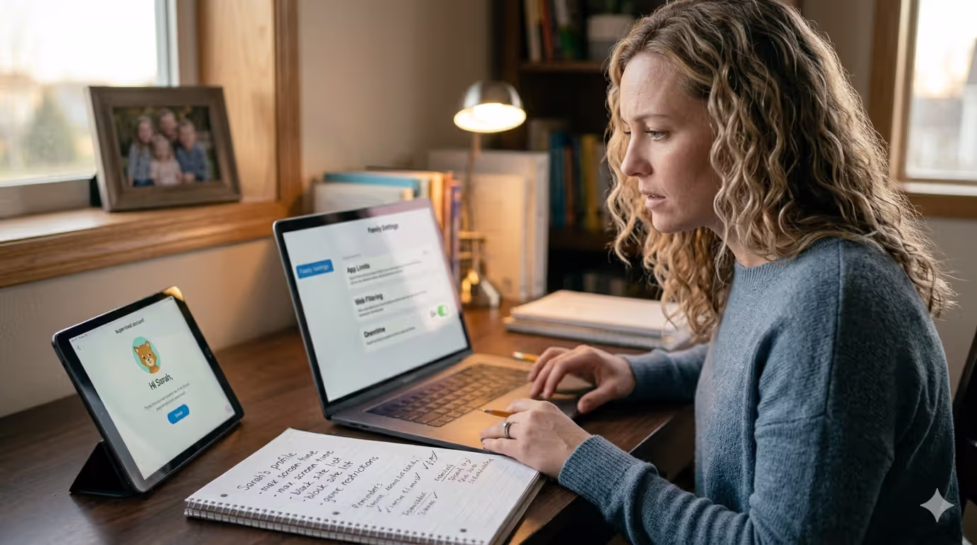 Parent reviewing parental controls and privacy settings for AI learning app