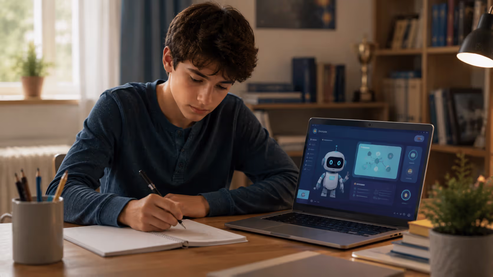 Teen student using AI learning tool while taking independent study notes