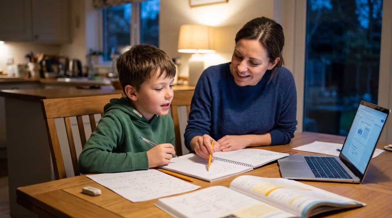 Parent and child discussing homework and learning after using AI tool