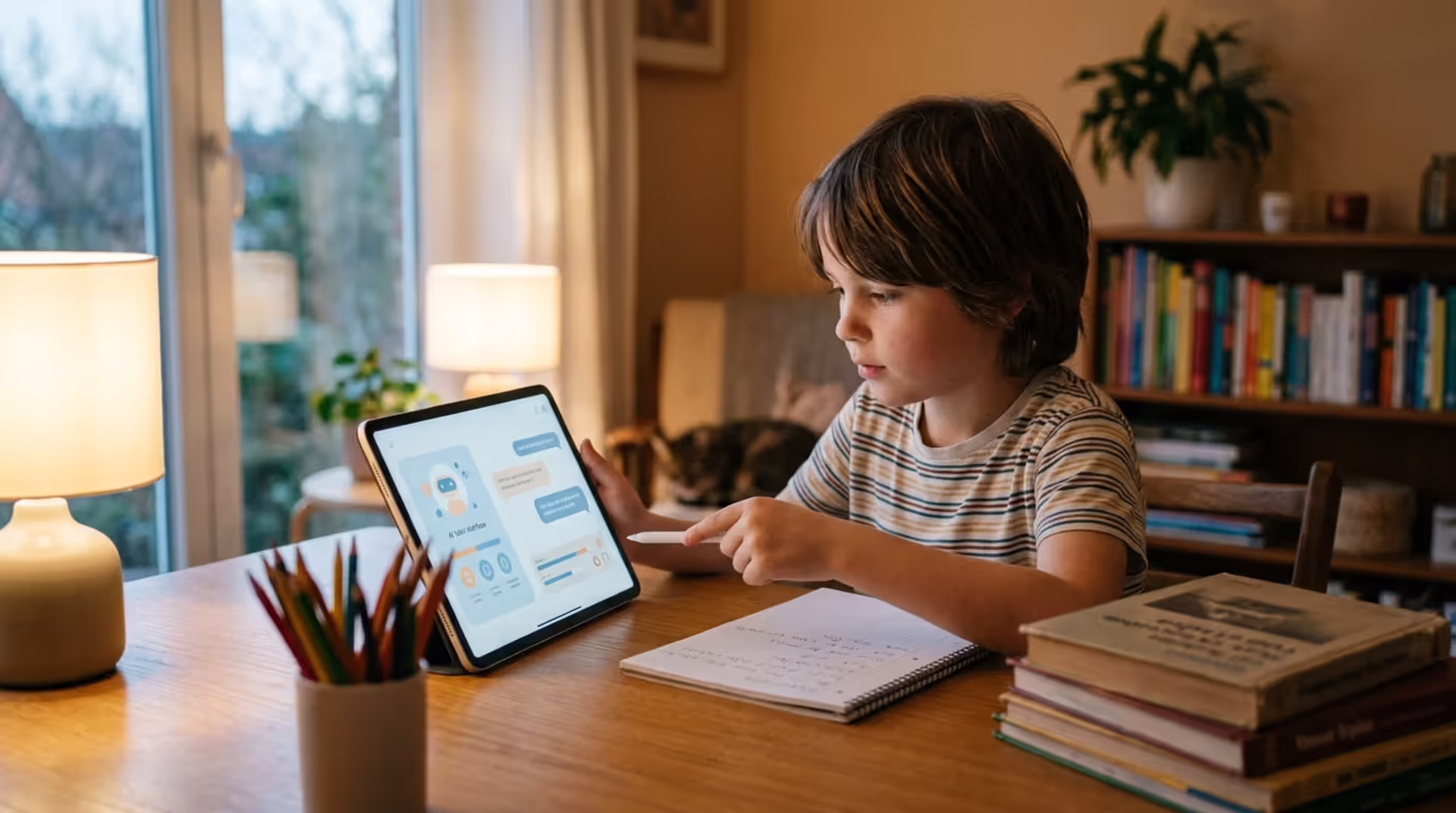 Parent and school-age child using AI learning tool together at home