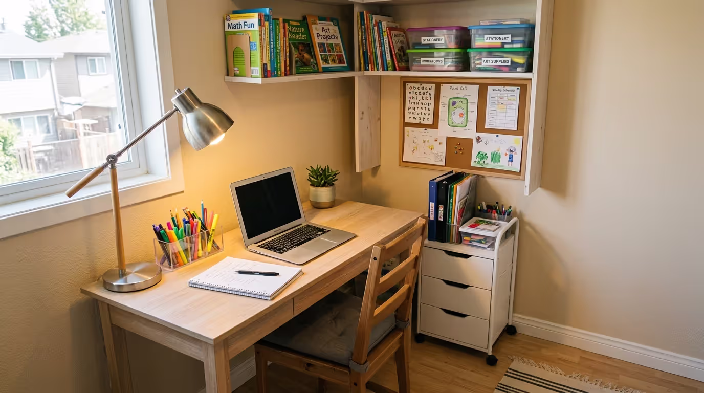 Compact and organized home learning corner for children