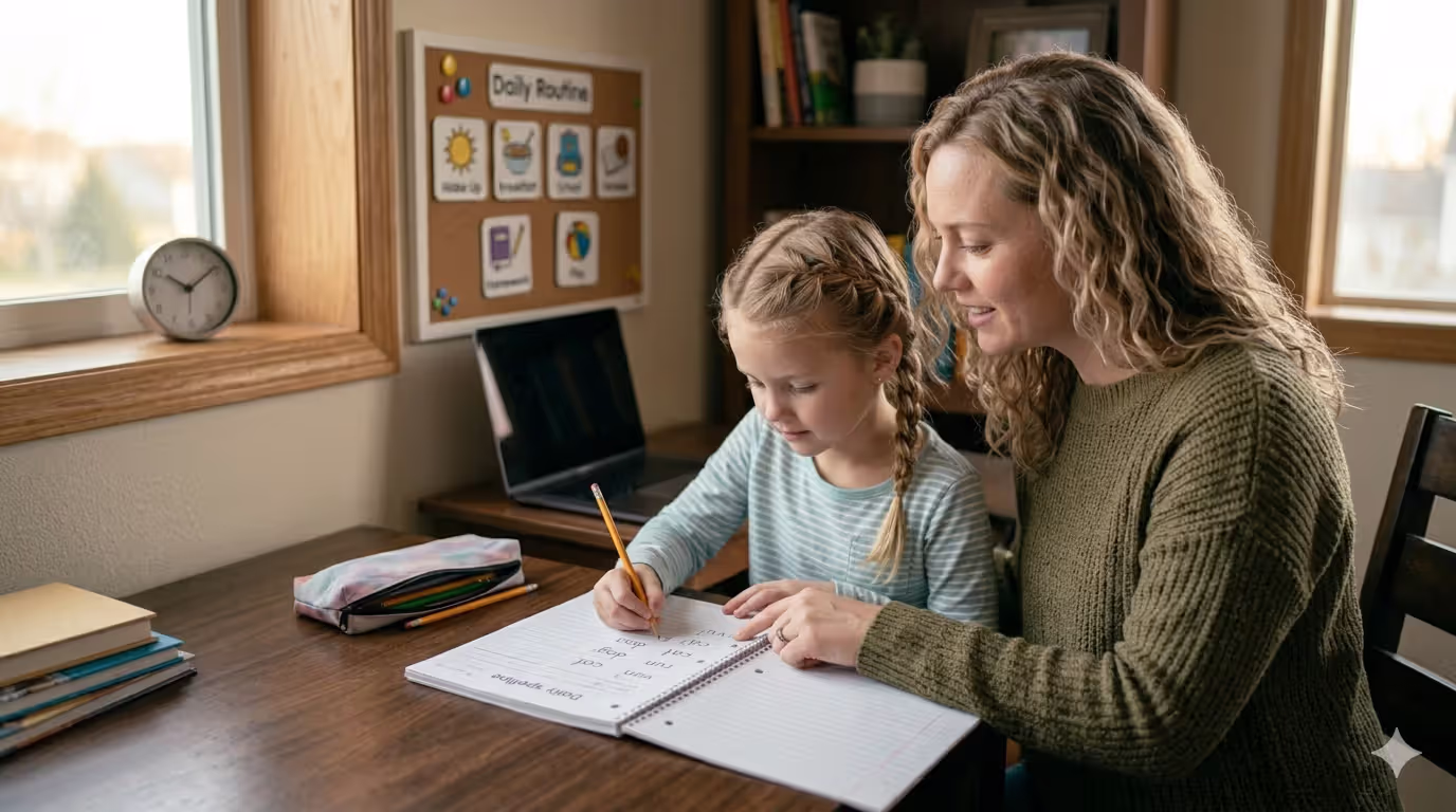 Parent supporting child during structured home learning routine