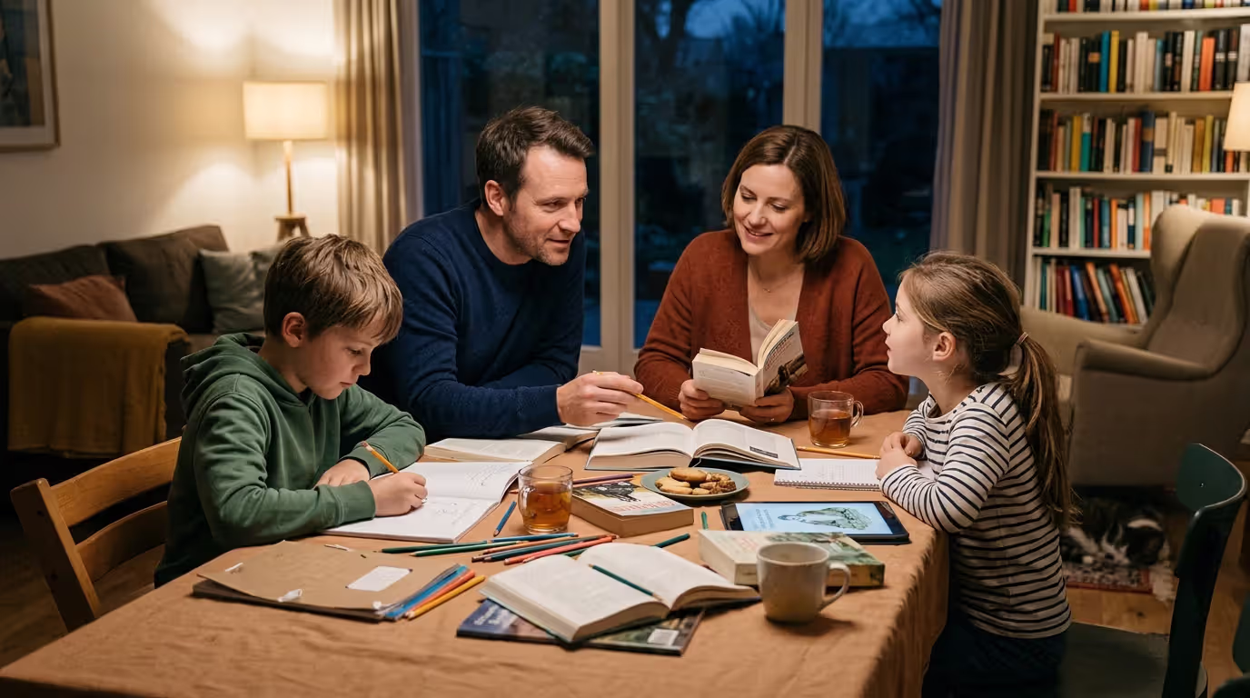 Family reading and learning together at home in supportive environment