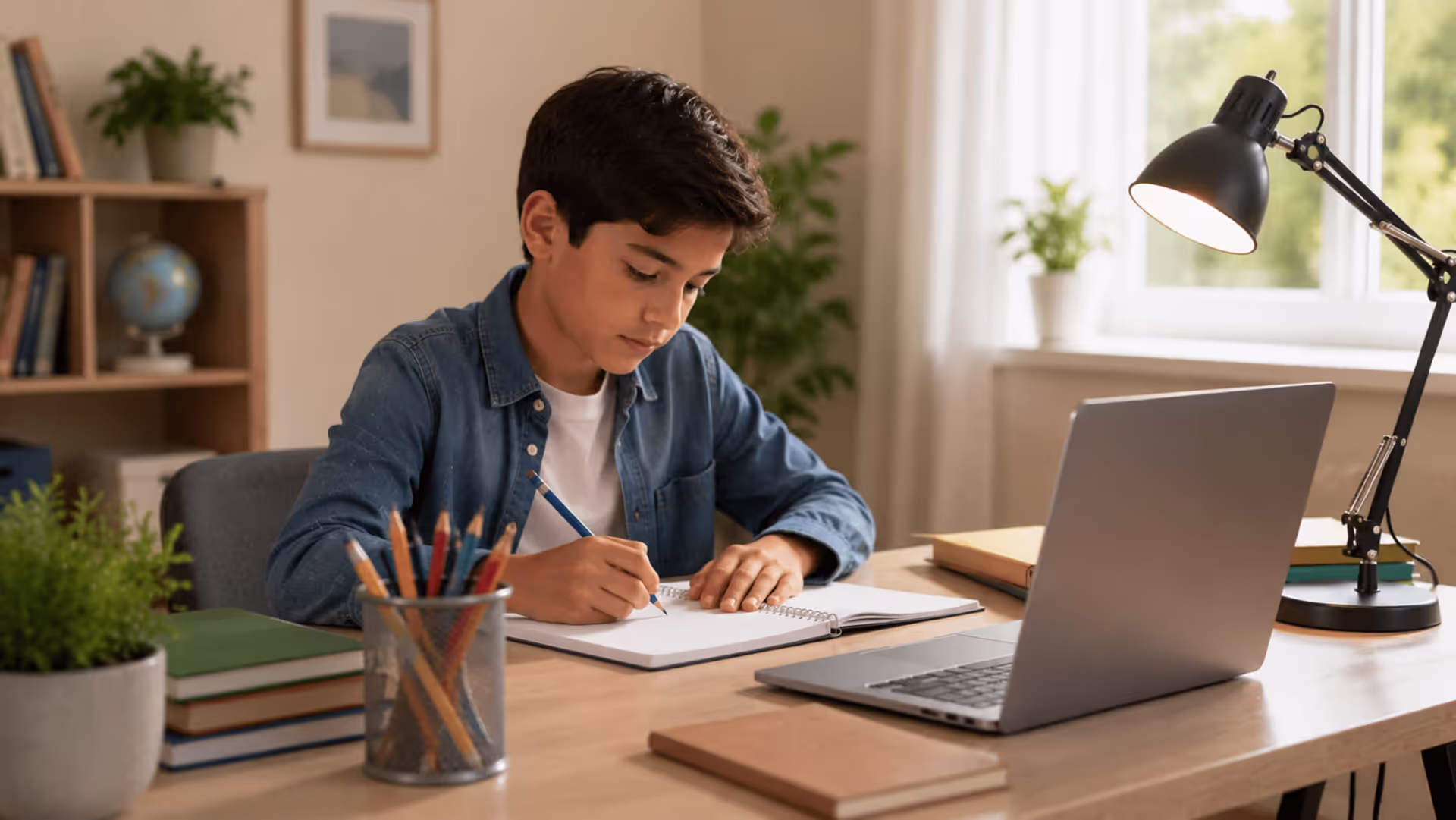 School-age child studying at organized home learning space
