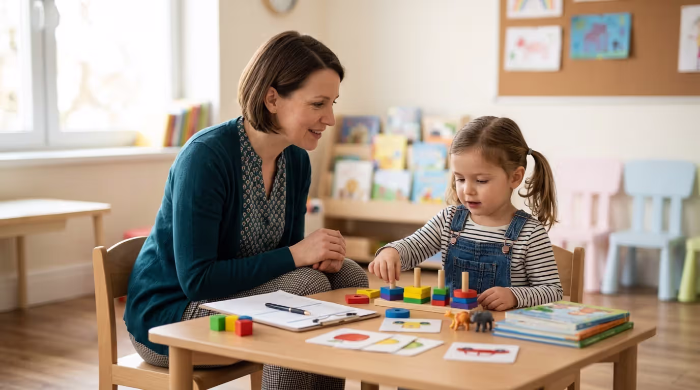 Preschool child participating in developmental evaluation with specialist