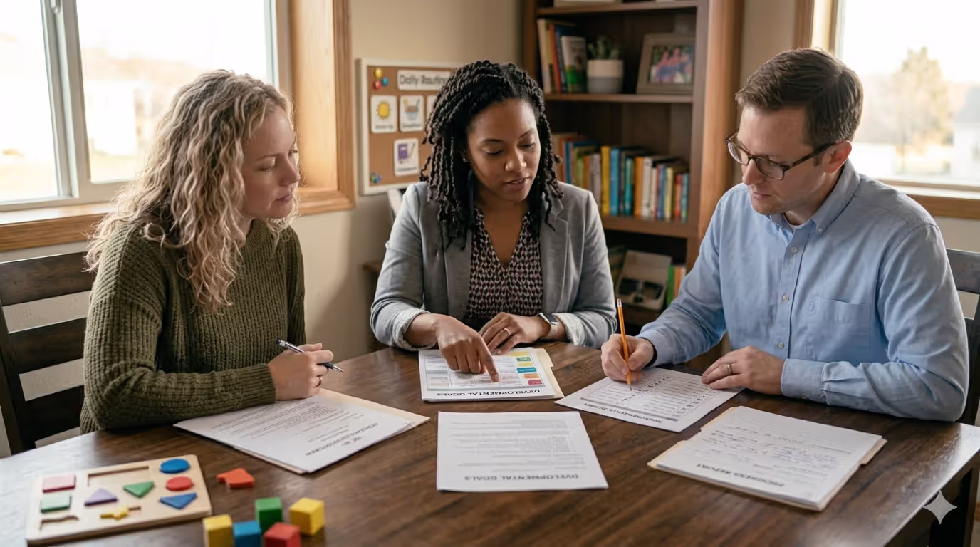 Parent and preschool support team reviewing individualized education goals