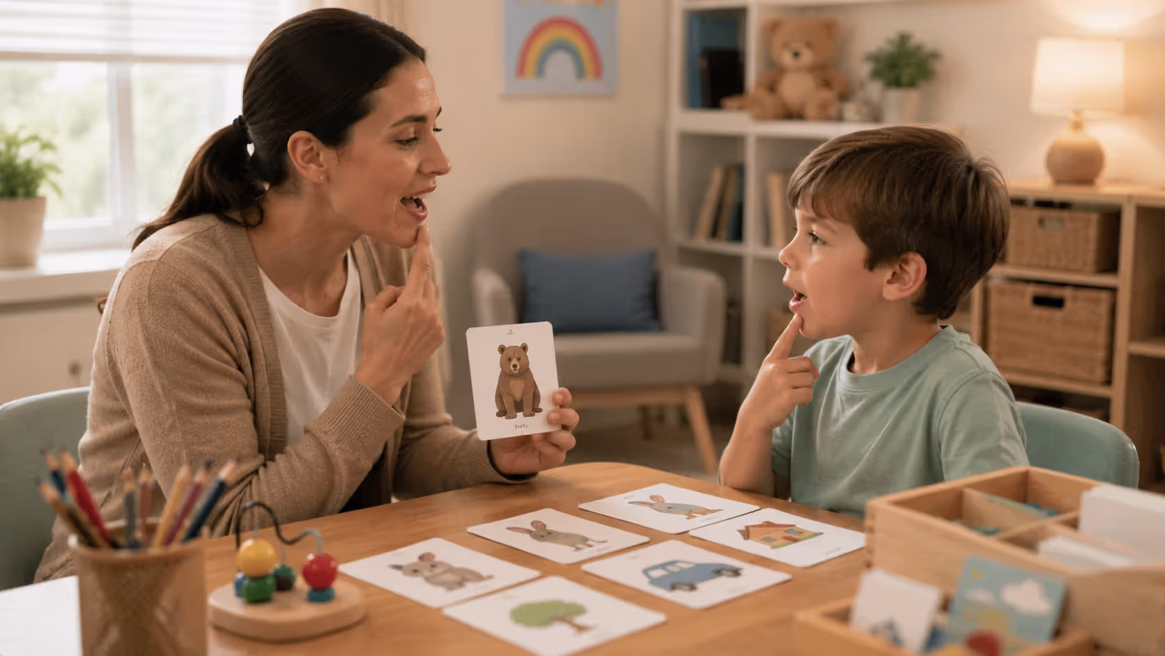 Speech therapist helping preschool child with language and communication skills
