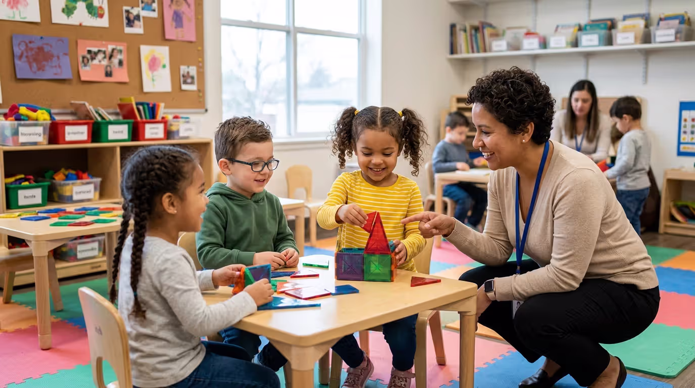 Preschool child participating confidently in inclusive classroom activity