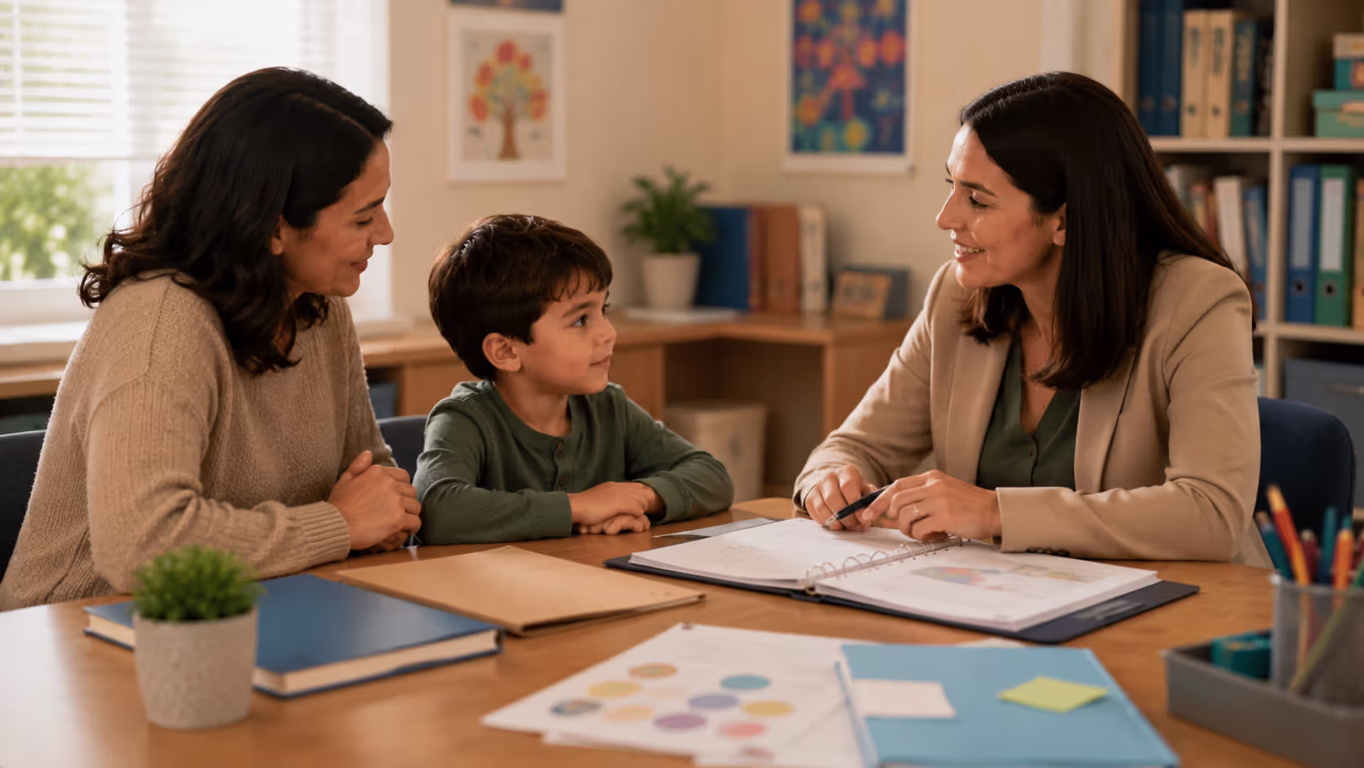 Parent discussing preschool IEP support plan with educator and young child
