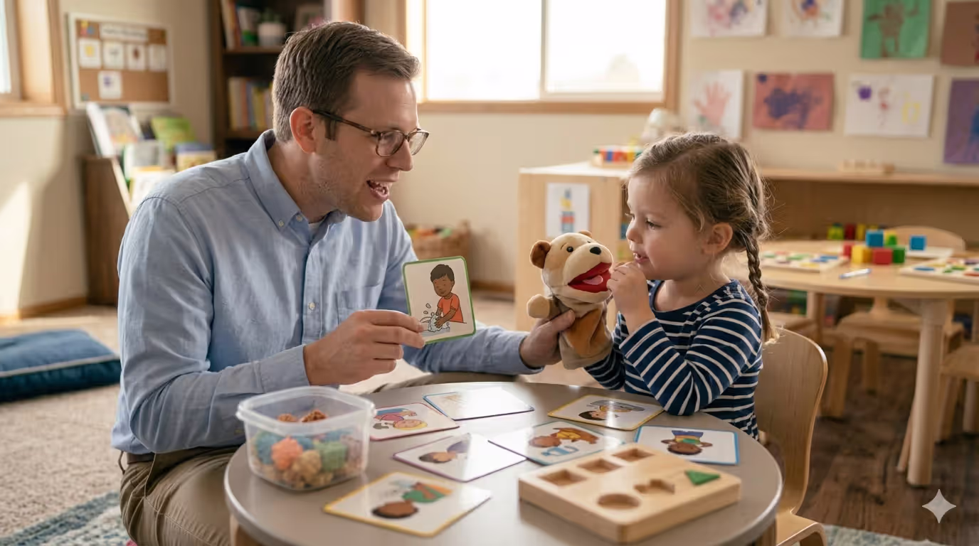 Speech therapist helping preschool child with communication activities
