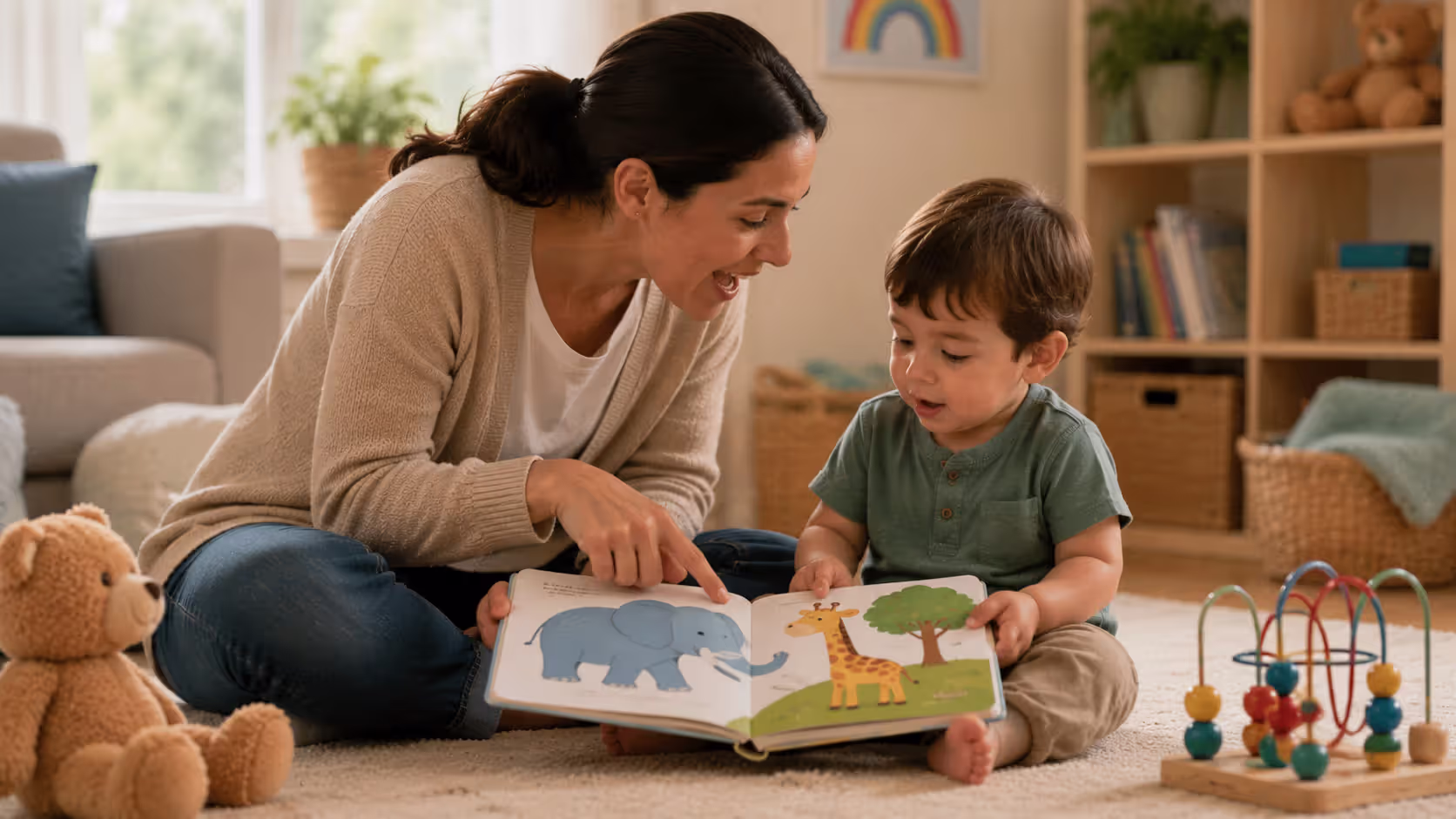Parent reading interactive picture book with toddler to support speech development
