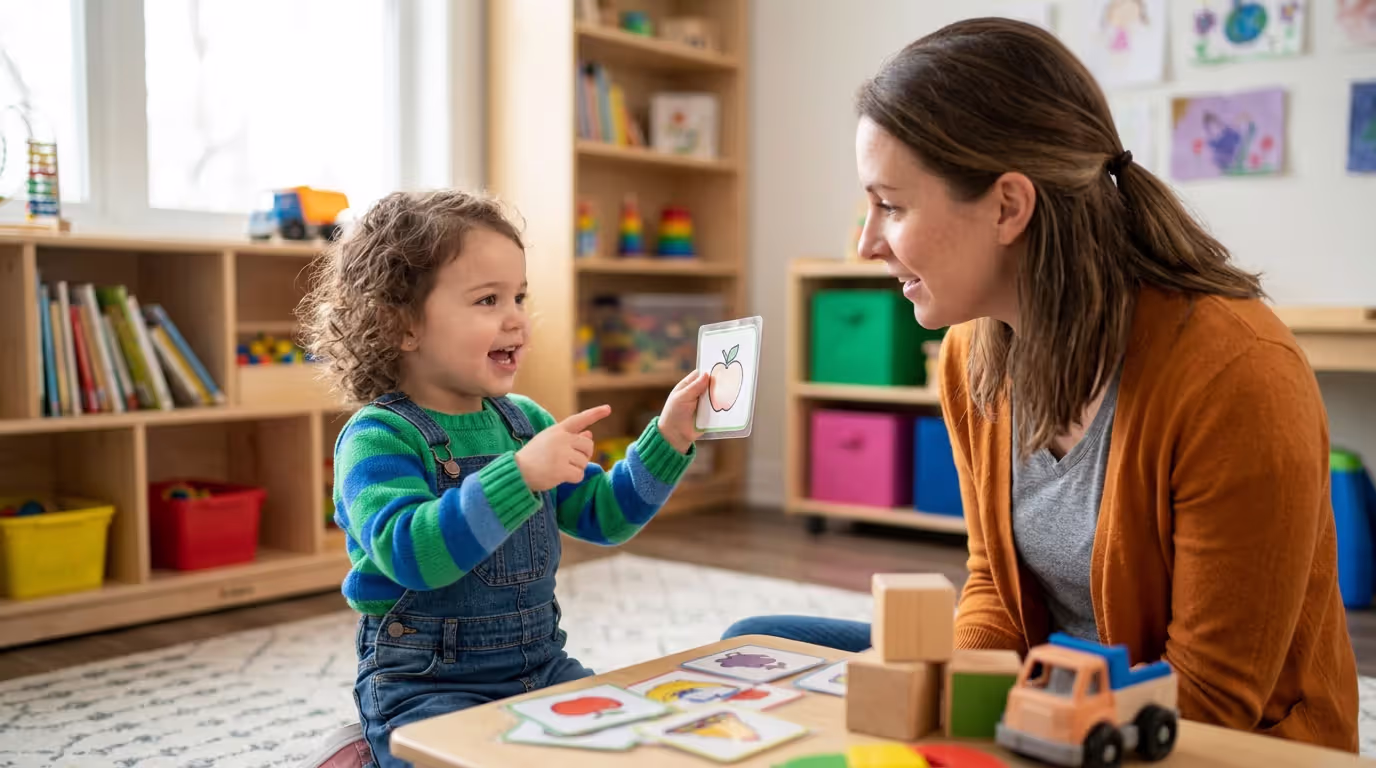 Toddler confidently communicating during play activity with adult support
