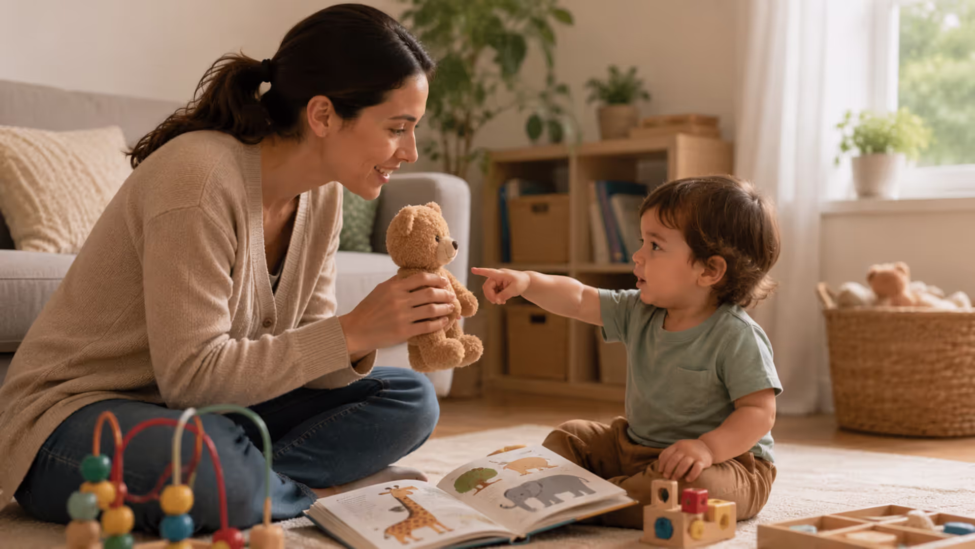 Parent supporting toddler with early speech and language development at home