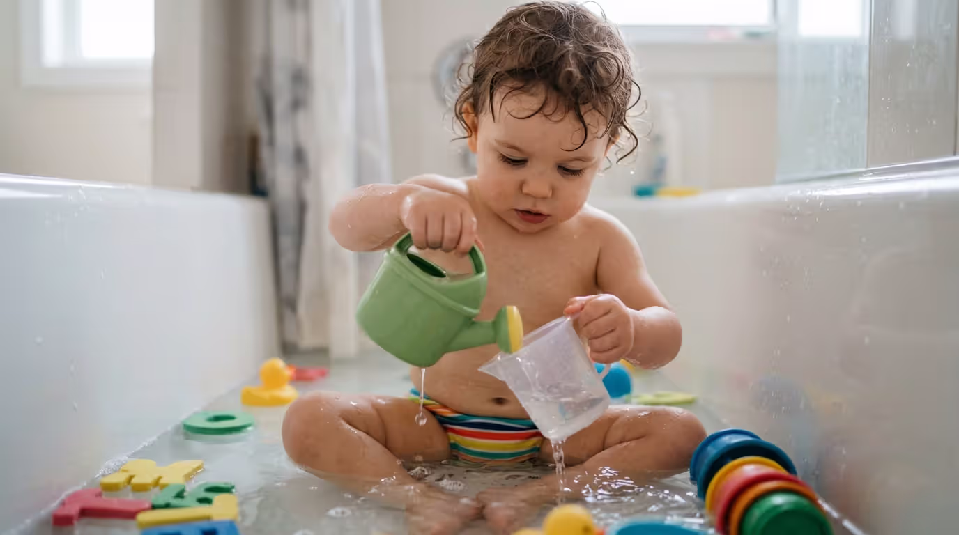 Toddler exploring water play and cause-and-effect learning with containers