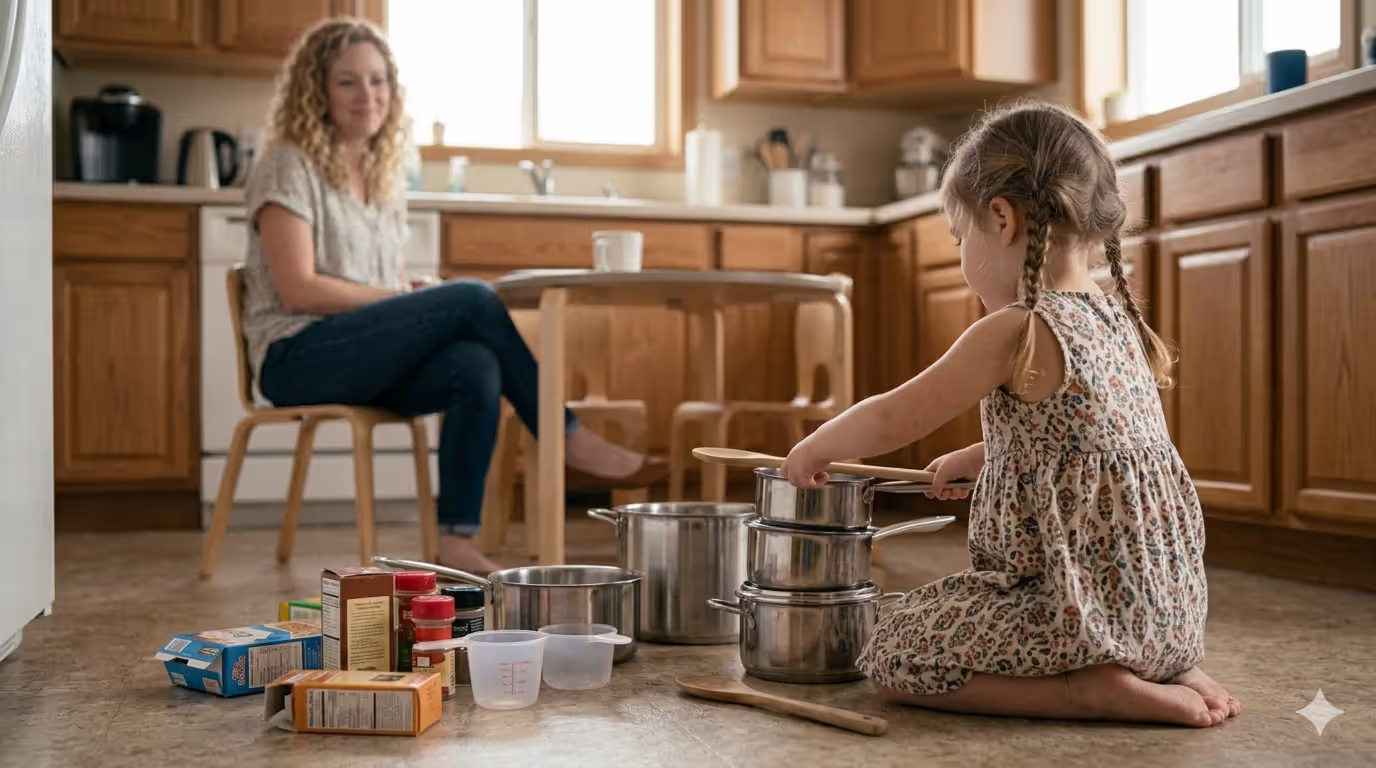 Child independently exploring household objects during self-directed play