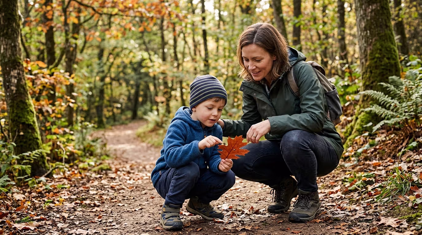 Parent and child exploring nature together during outdoor learning activity