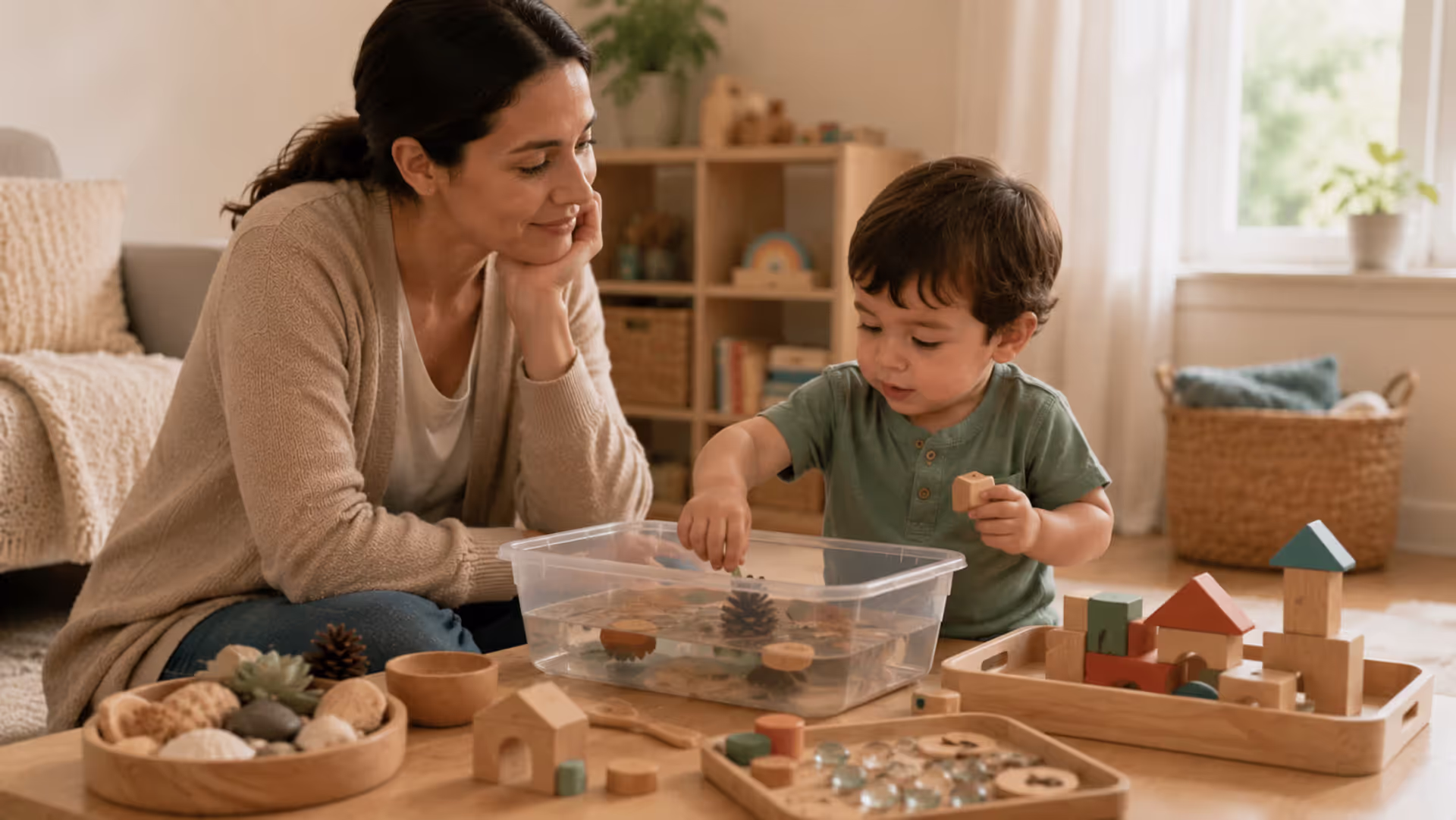 Young child exploring hands-on learning materials during play at home