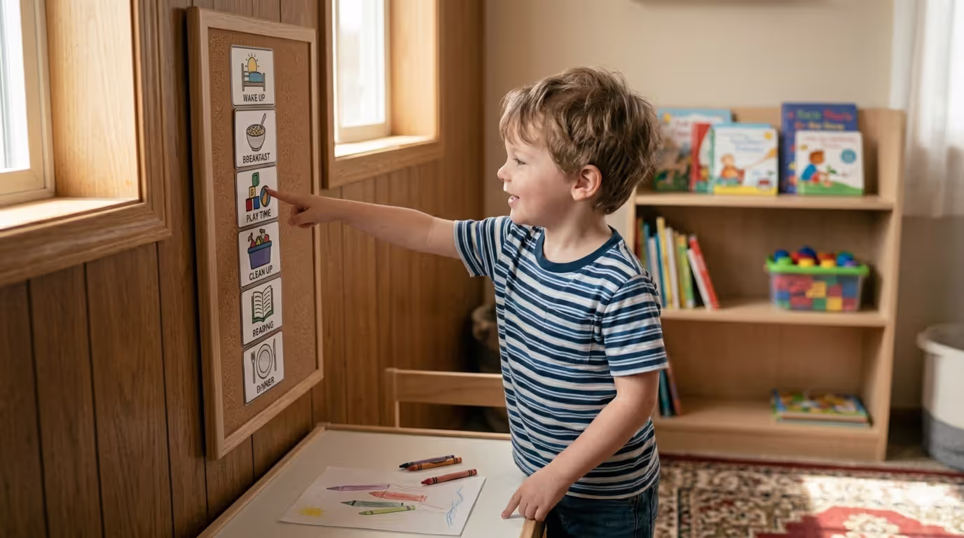Preschool child using visual daily schedule to follow routine