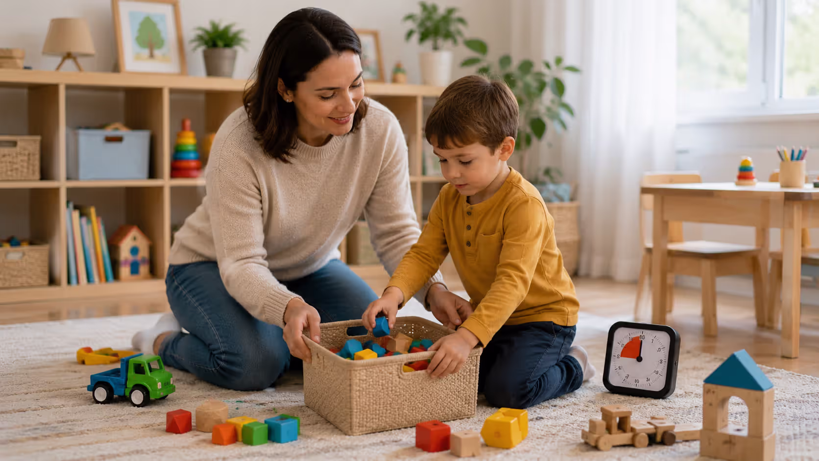 Parent helping preschool child transition between activities and clean up toys