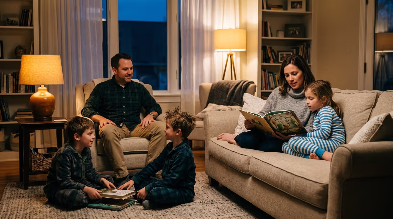 Family following calm evening routine with preschool child at home