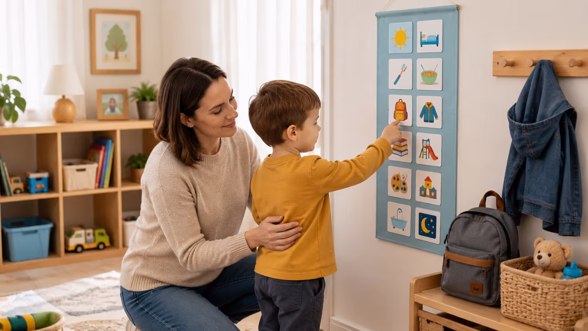 Preschool child following structured daily routine at home with parent support