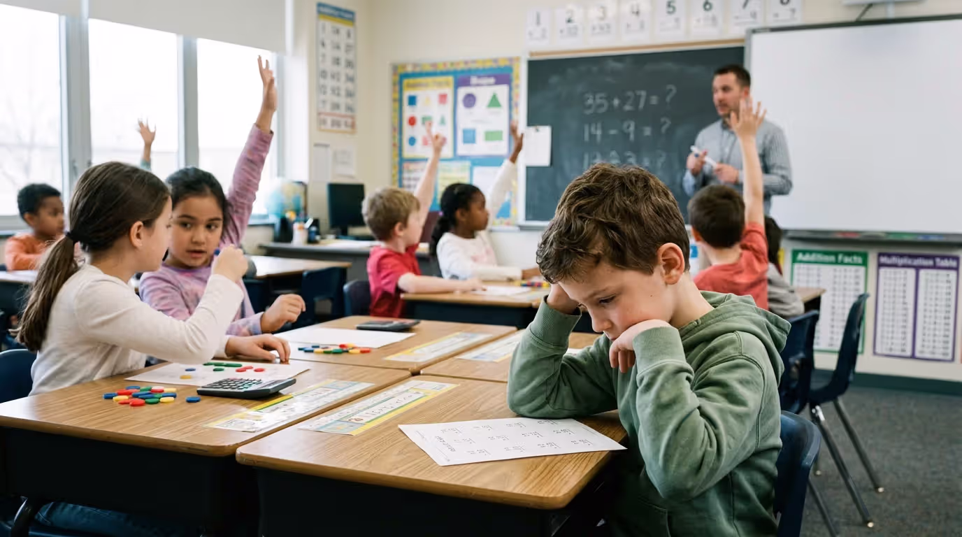 Elementary student avoiding participation during classroom math lesson